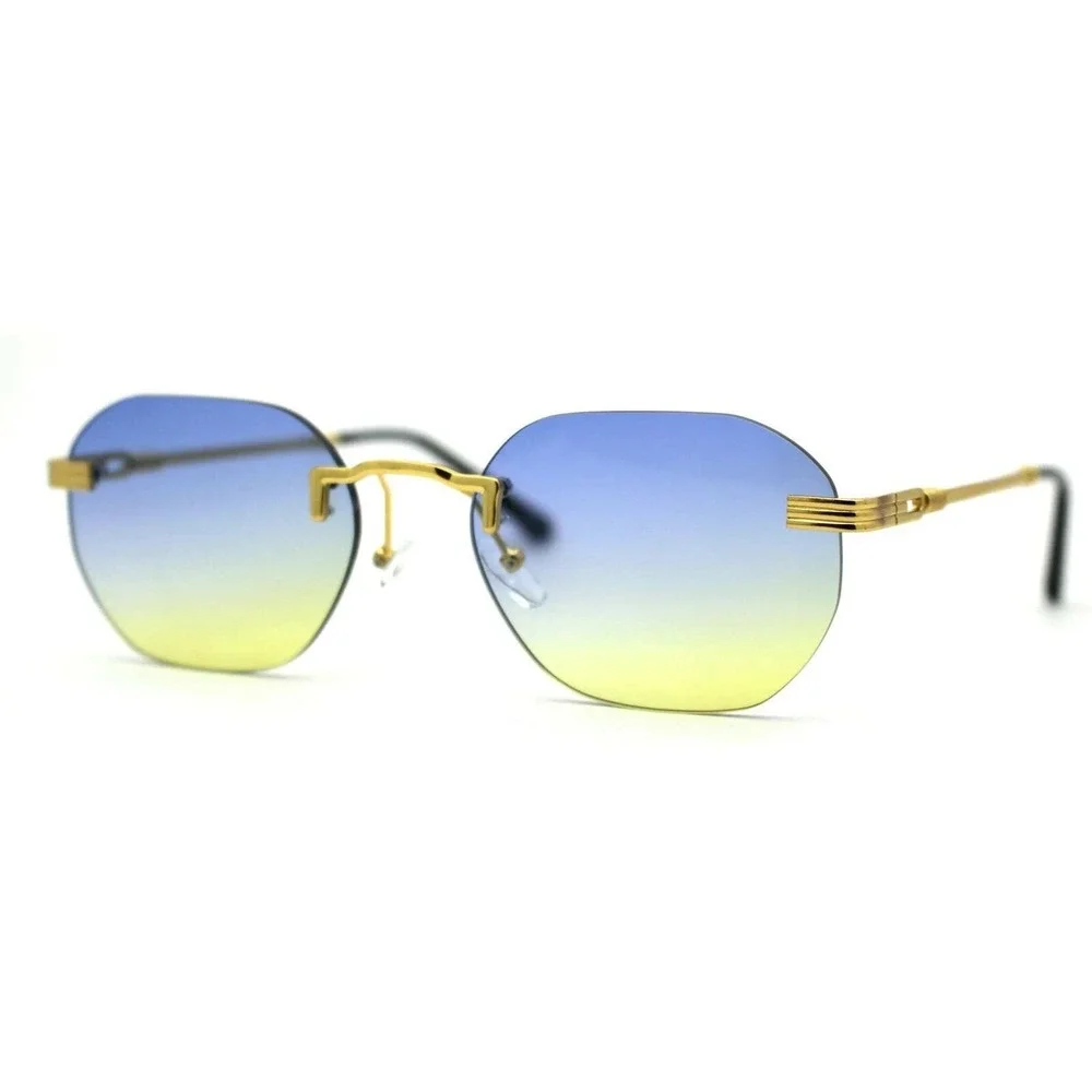 Rimless Sunglasses Blue Yellow‎ Gradient Lens Gold Frame Fashion Shades Lentes